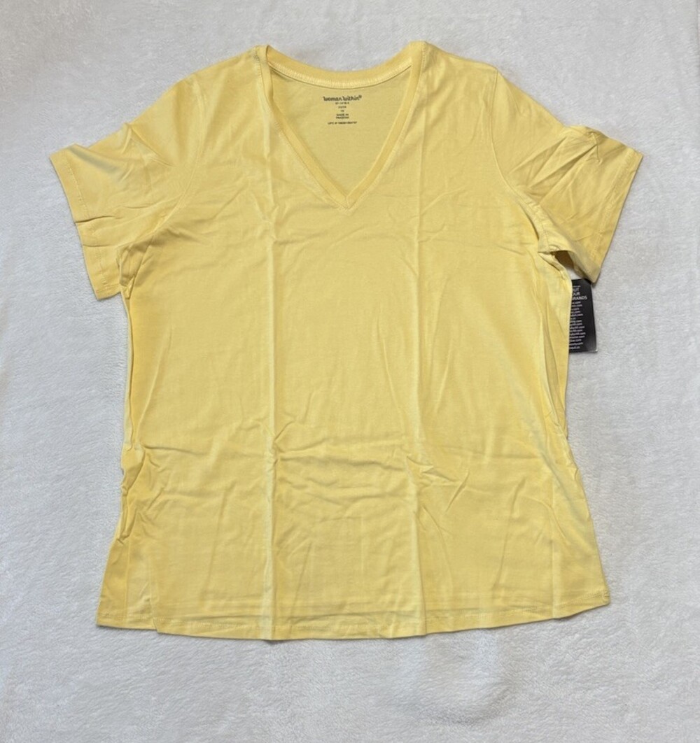 Woman Within Top Women's 1X Perfect V Neck Short Sleeve T-Shirt Yellow New
